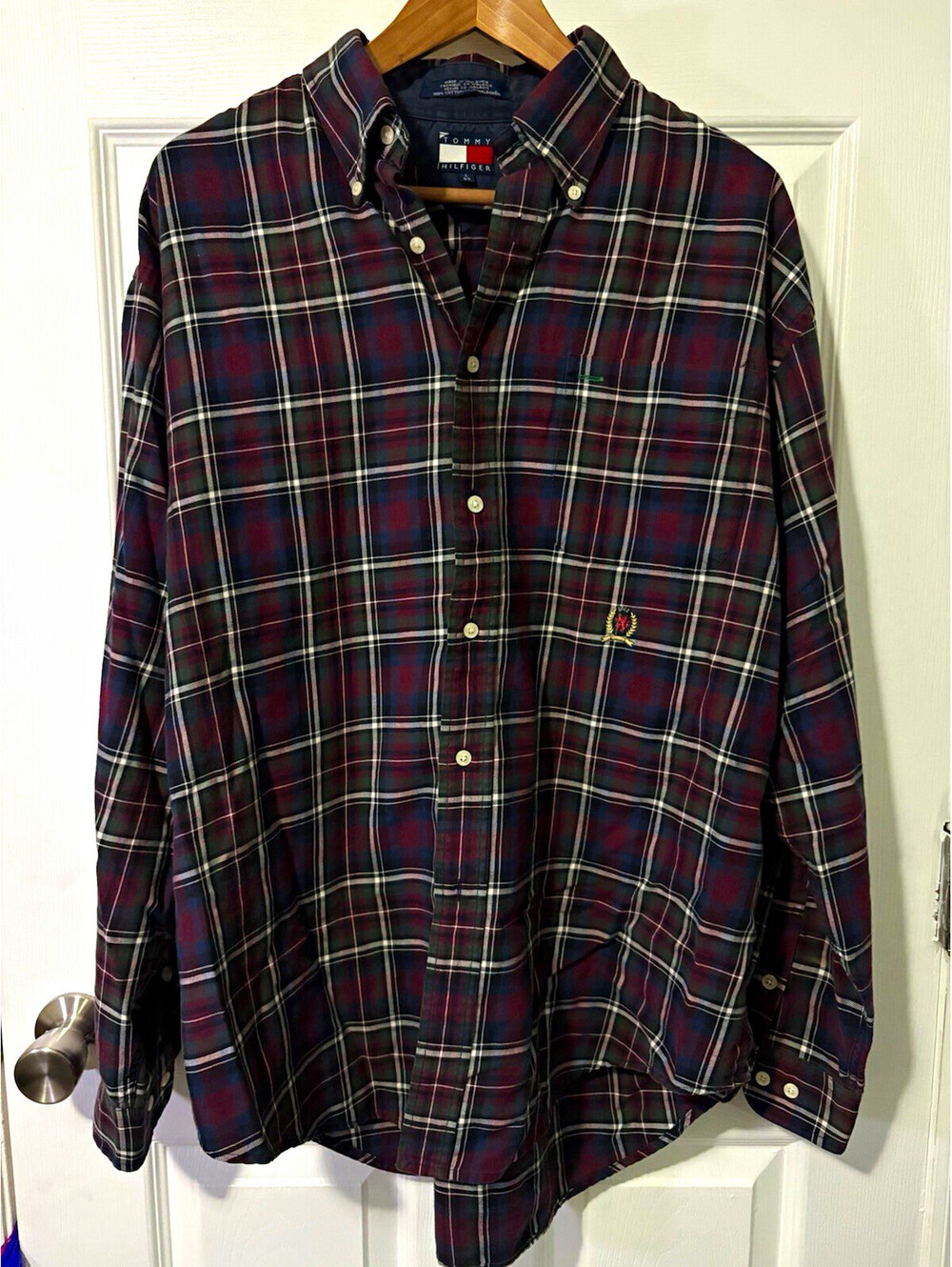 Tommy Hilfiger Men L Burgundy/Green/Navy/White Plaid Cotton Button-Down SEE DESC